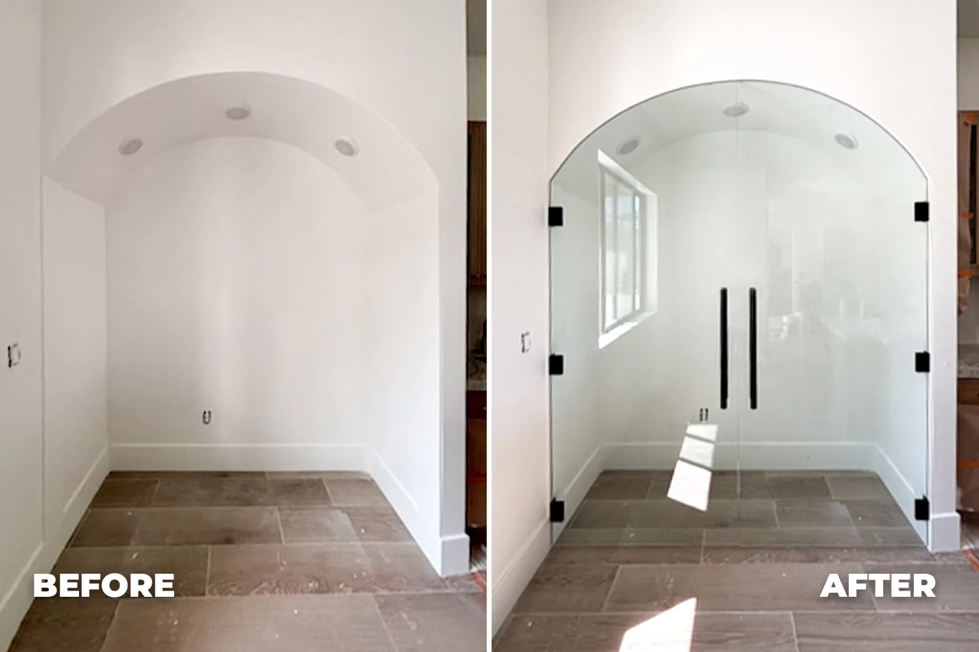 Alcove with frameless custom glass doors, black handles and clips, pot lights, ready to become a luxury wine room